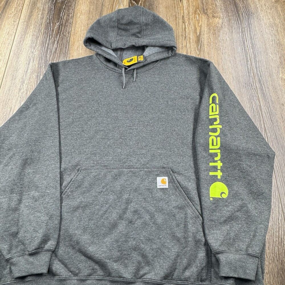 Carhartt Hoodie Mens XXXL Gray Sweatshirt Workwear Neon Green Spellout Sweater